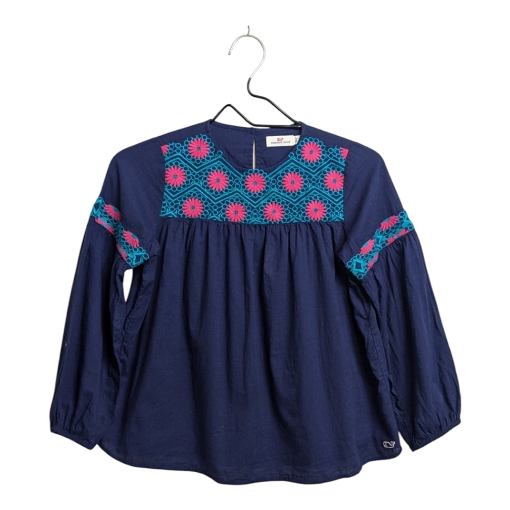 Vineyard Vines Girl Navy Blue Long Sleeve Top Sz M (12/14) Floral Embroidery